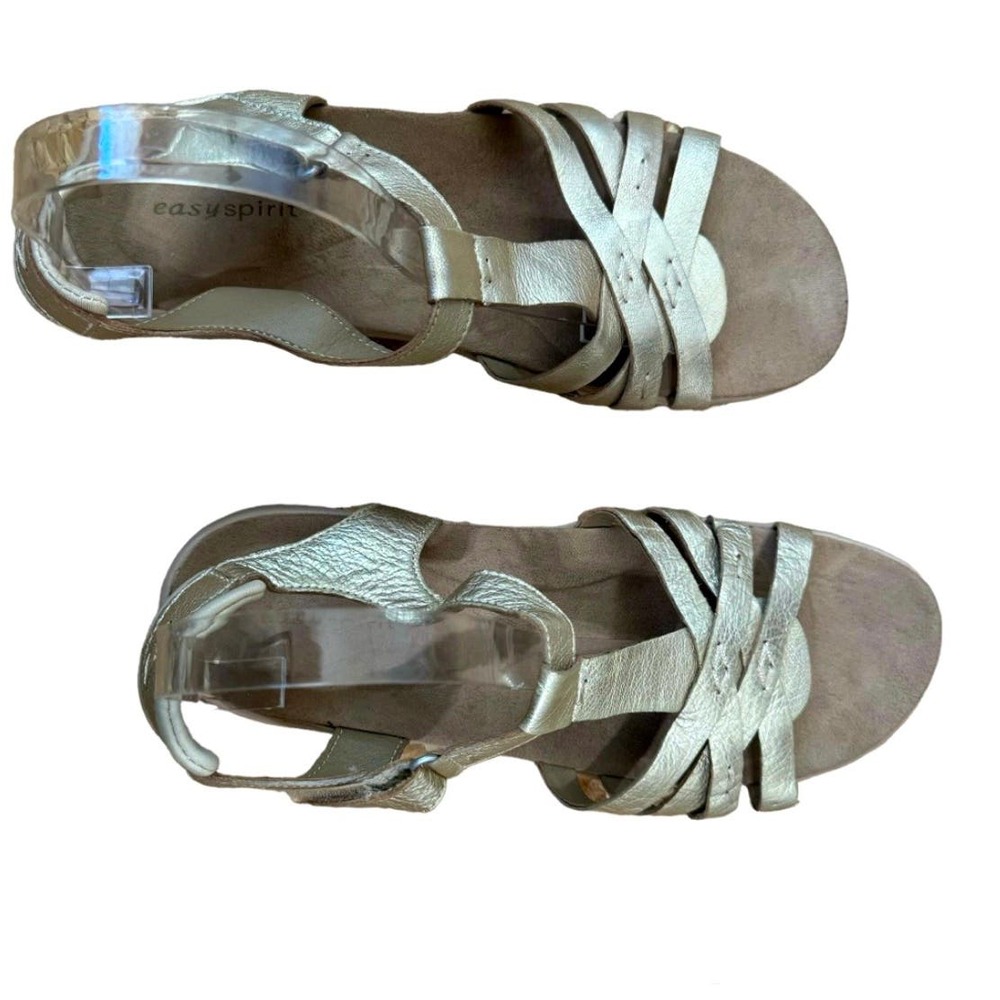 Easy Spirit Womens Comfort Sandals Metallic Gold Leather Hook & Loop Lightweight